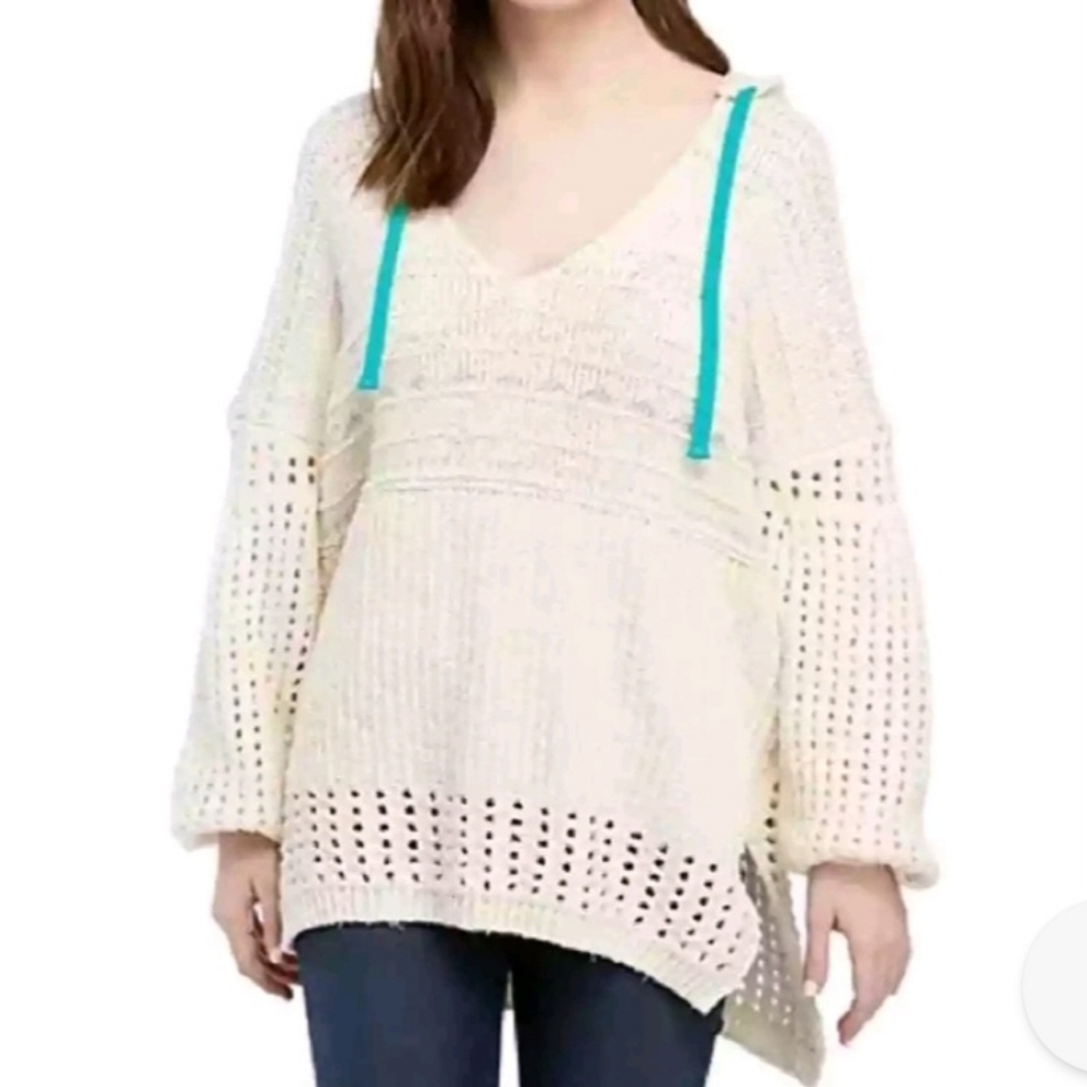 Free People light Beige and blue knitted boho oversized hooded  sweater size‎ L